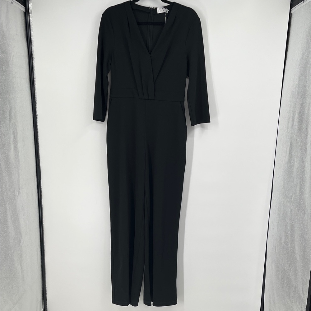 Tanya Taylor Satin Black Crepe V-Neck Leo Jumpsuit Size 0